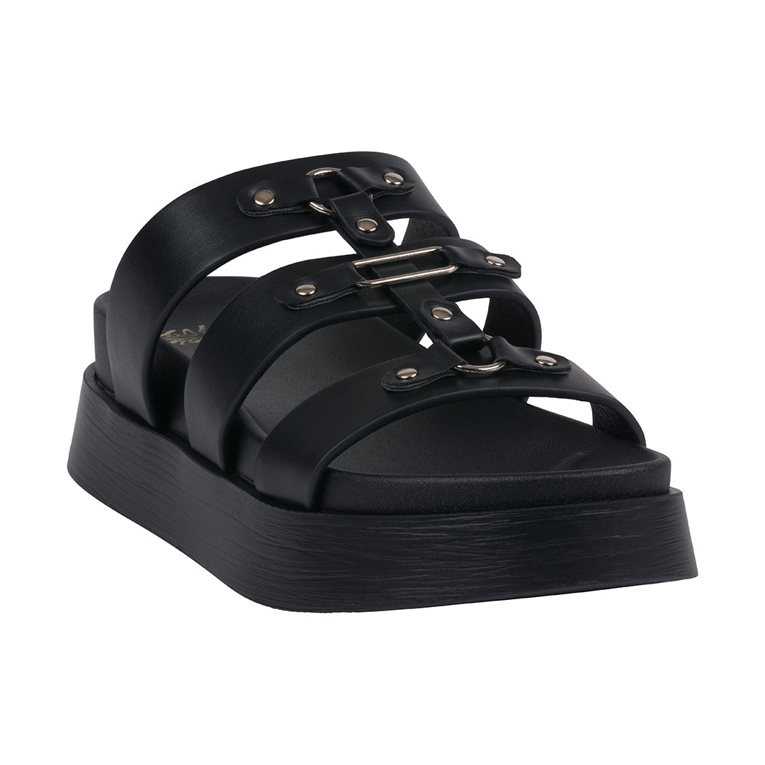Women's Stevie Black platform slide sandals with multi-strap design and metallic hardware