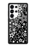 Samsung Galaxy phone case with a black background and white star print, featuring a black rubber bumper and silver WF emblem.