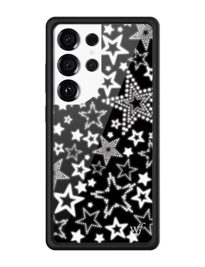 Samsung Galaxy phone case with a black background and white star print, featuring a black rubber bumper and silver WF emblem.