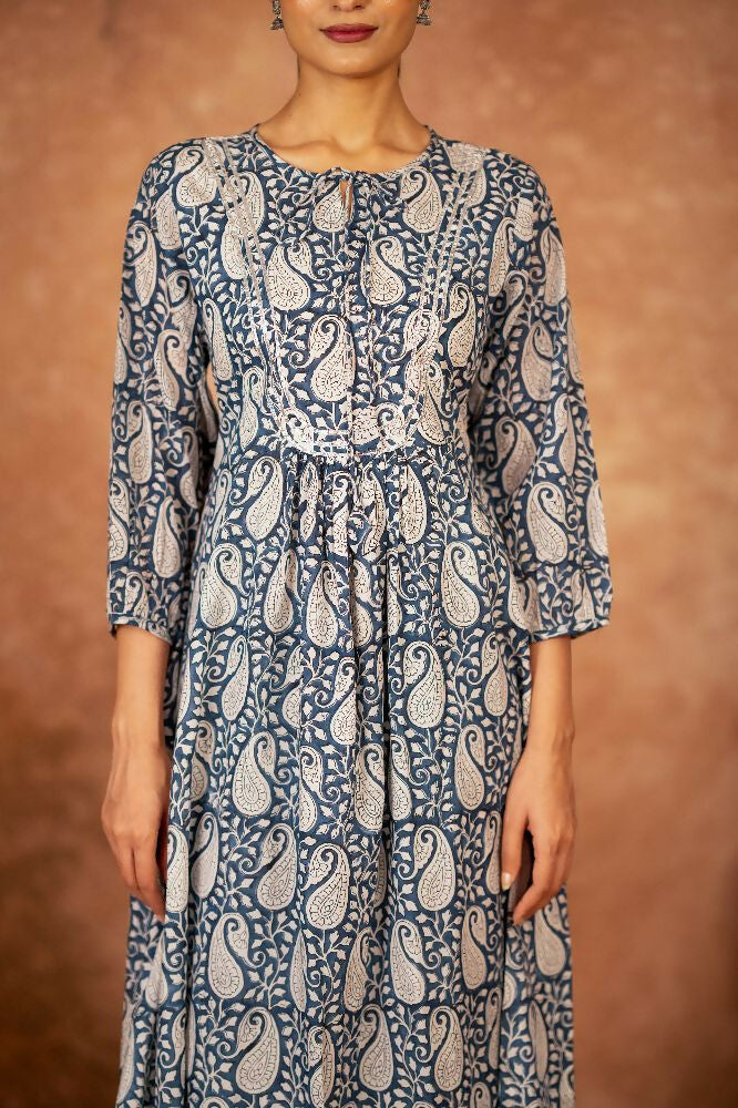 Blue Floral Hand Block Printed Cotton Kurta Pant Set