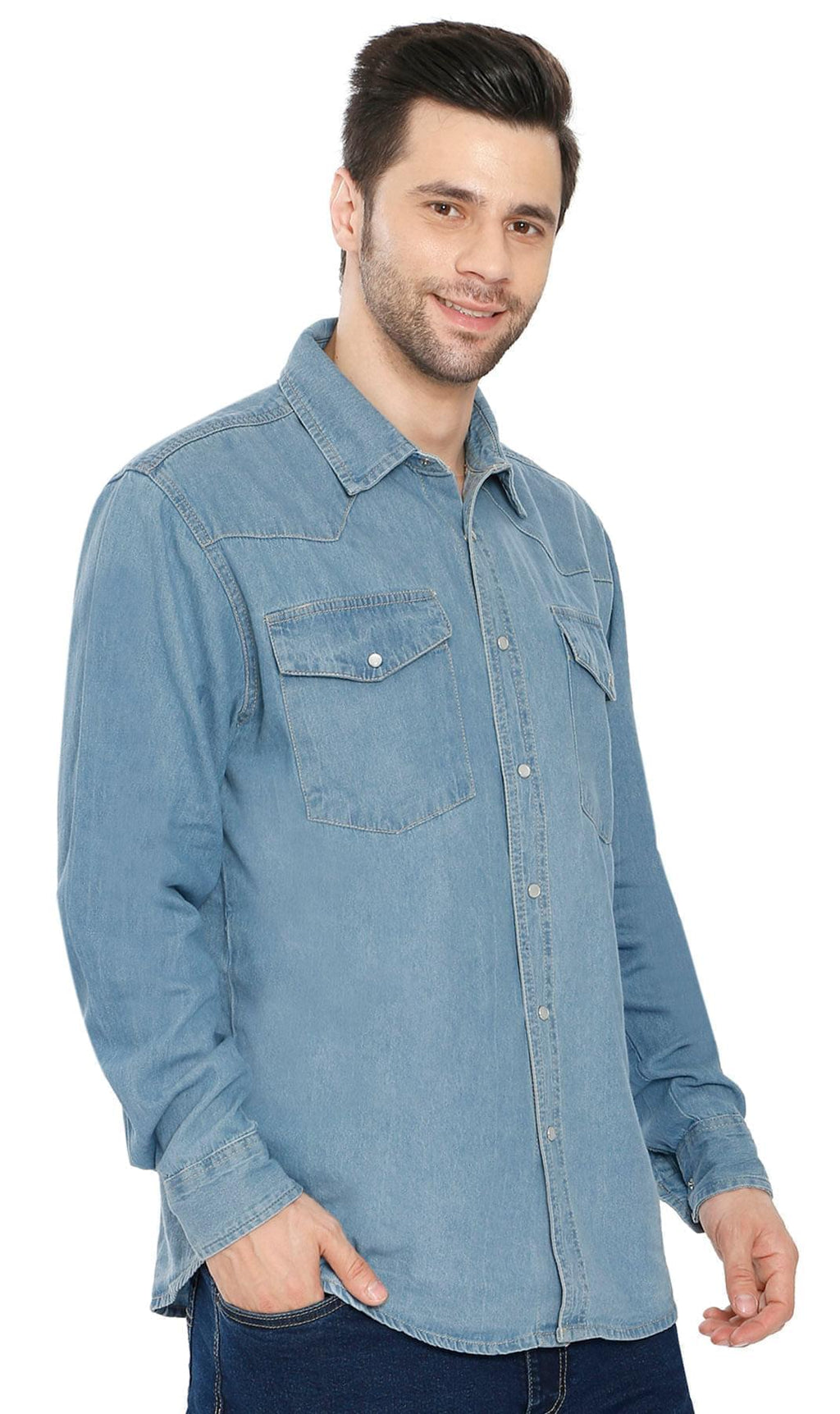 Men's Western Snap Button Denim Shirt with Stitched Yoke