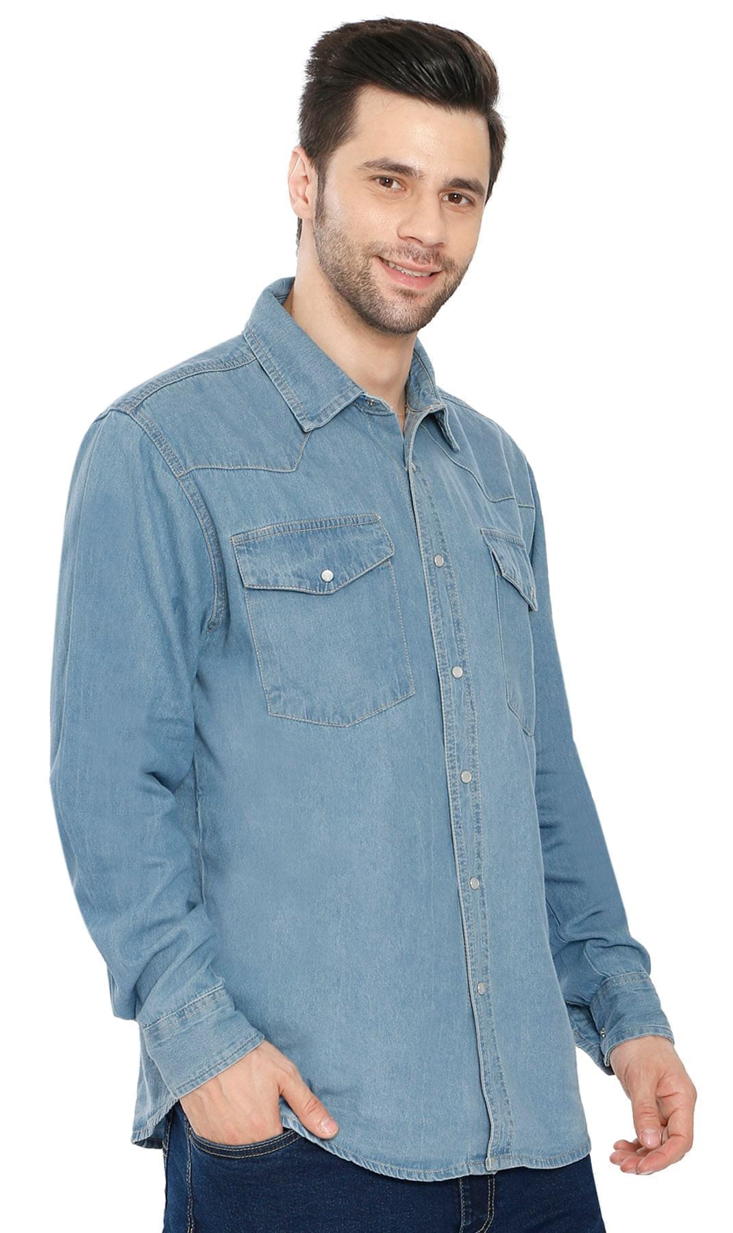Men's Western Snap Button Denim Shirt with Stitched Yoke