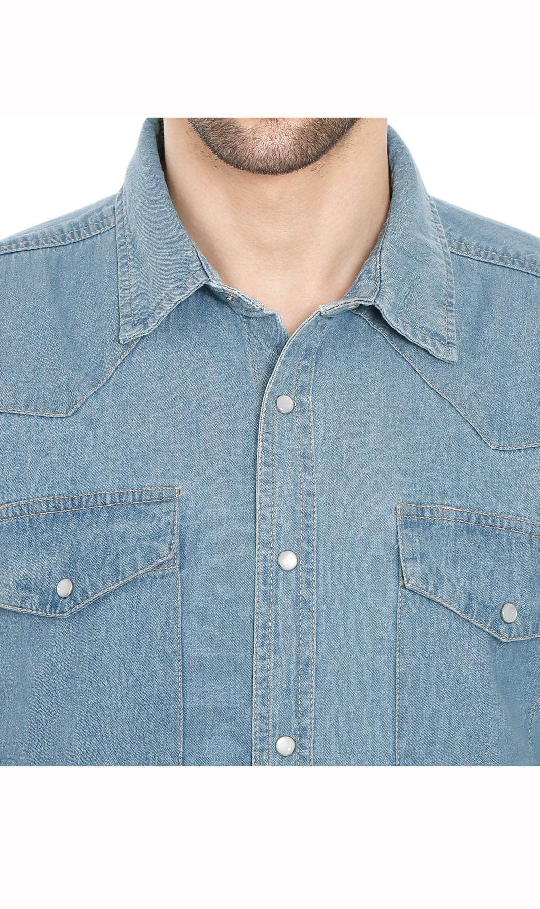 Men's Western Snap Button Denim Shirt with Stitched Yoke