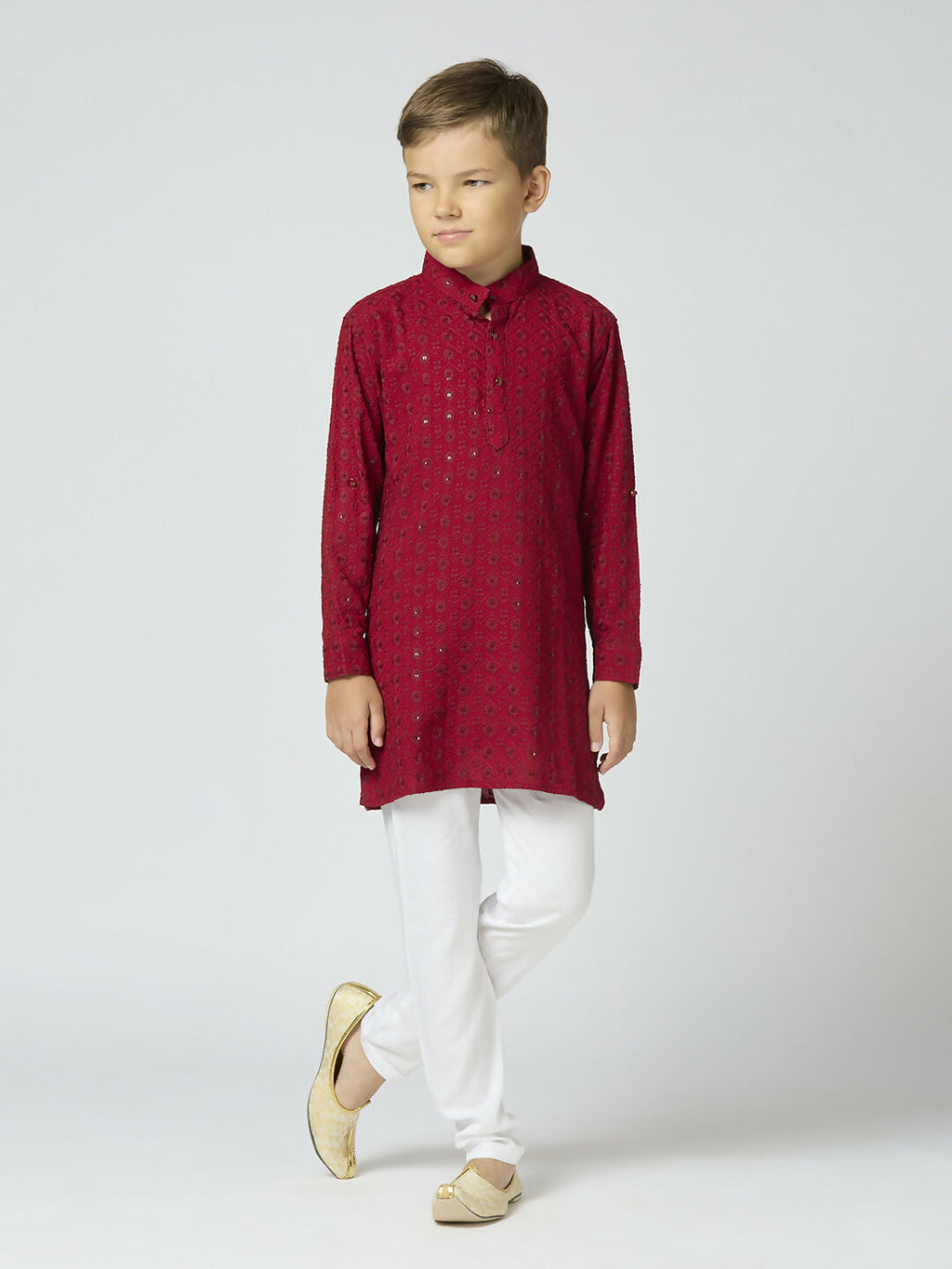 Boys Maroon Cotton Kurta and Pyjama Set with Elegant Sequin Work