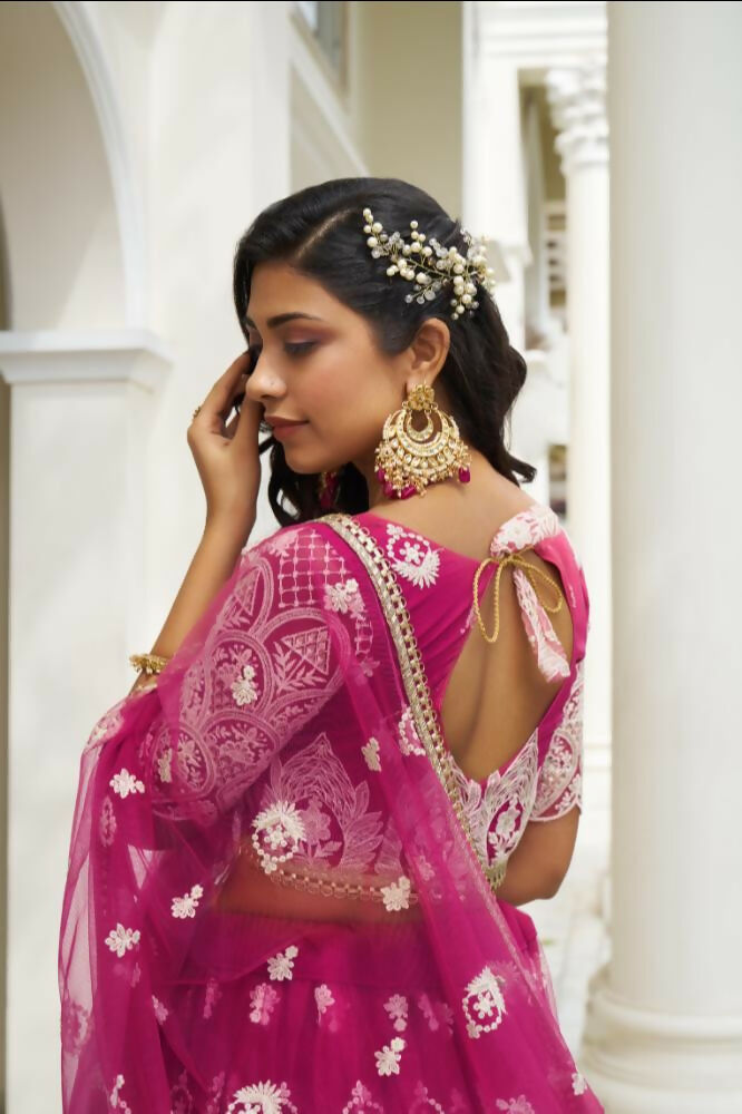Dark Pink Butterfly Net Lehenga Choli with Sequence Embroidery