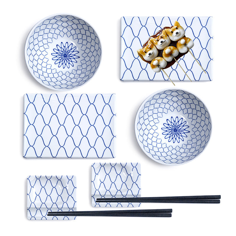 Melamine Sushi Plate Bowl Set - White, Blue