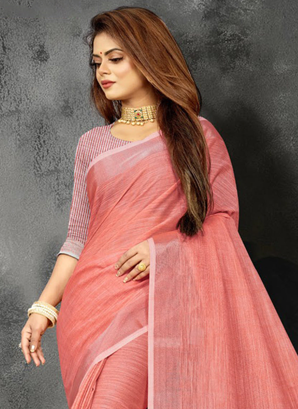 Shree Shyam Fashion Elegant Peach Woven Linen Saree with Contrast Zari Border & Tassels - Soft & Breathable Party Wear