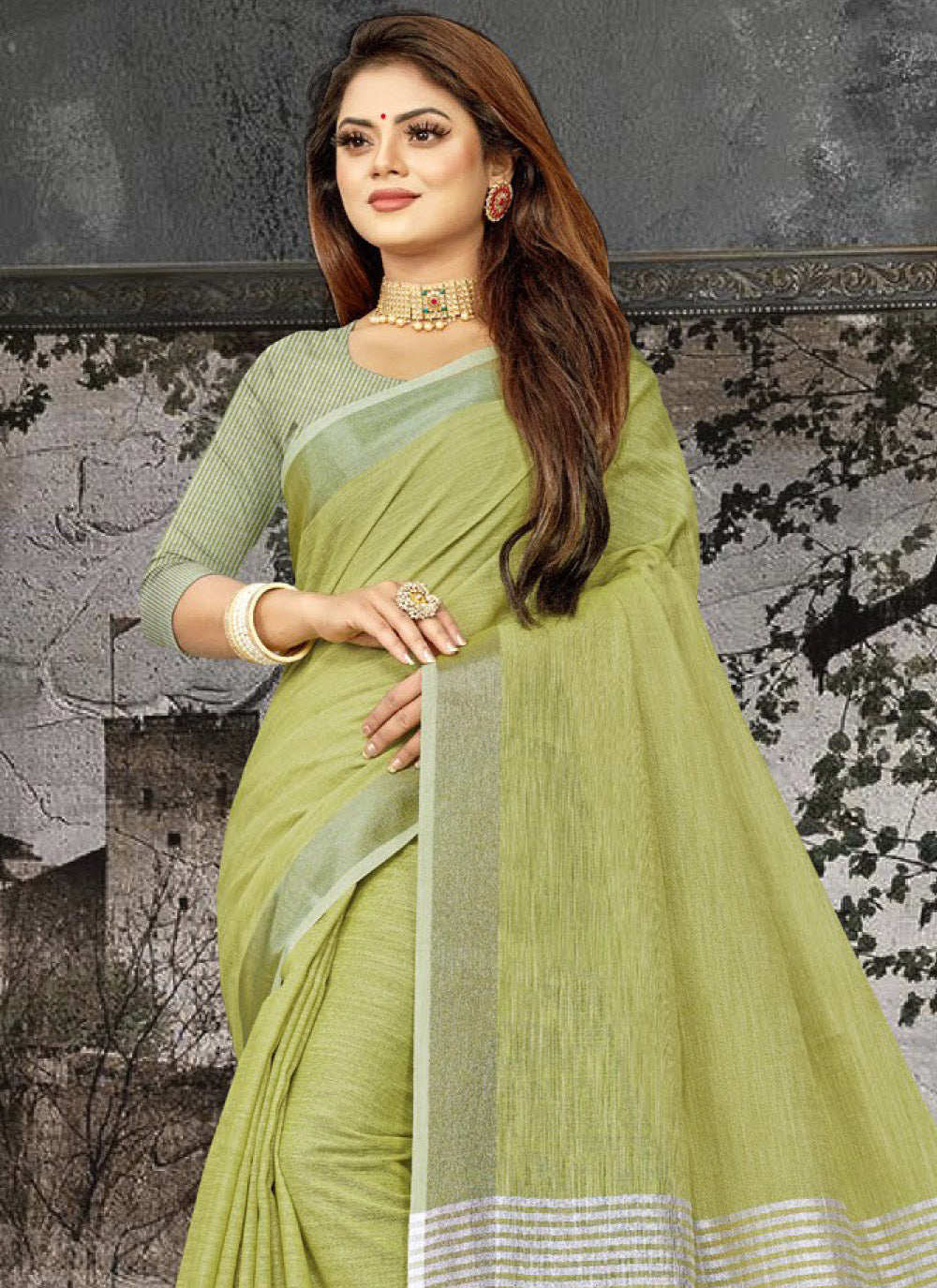Shree Shyam Fashion Elegant Olive Green Woven Linen Saree with Contrast Zari Border & Tassels - Soft & Breathable Party Wear