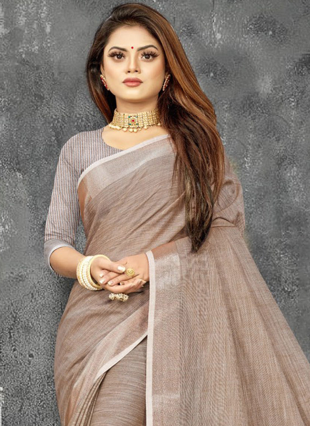 Beige Woven Linen Saree with Contrast Zari Border