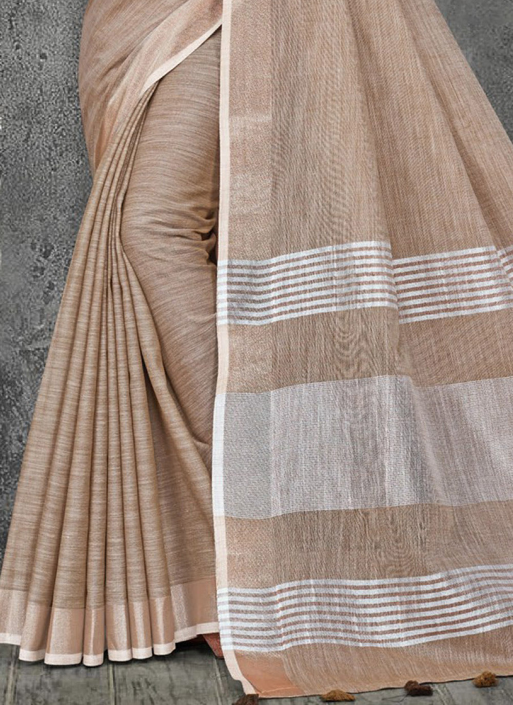 Beige Woven Linen Saree with Contrast Zari Border