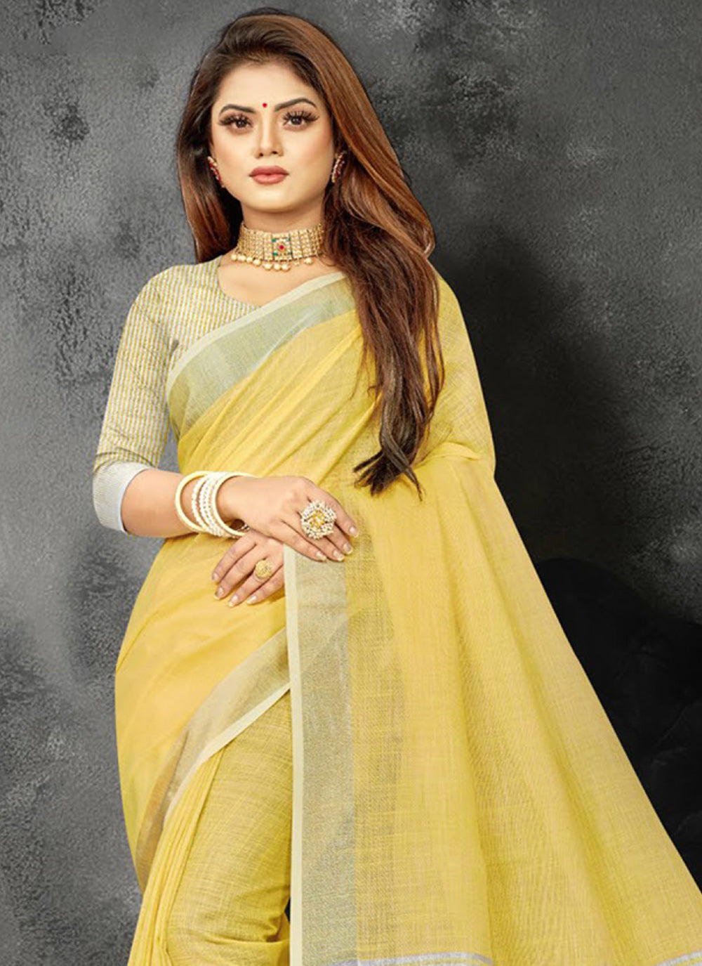 Elegant Yellow Woven Linen Saree with Zari Border