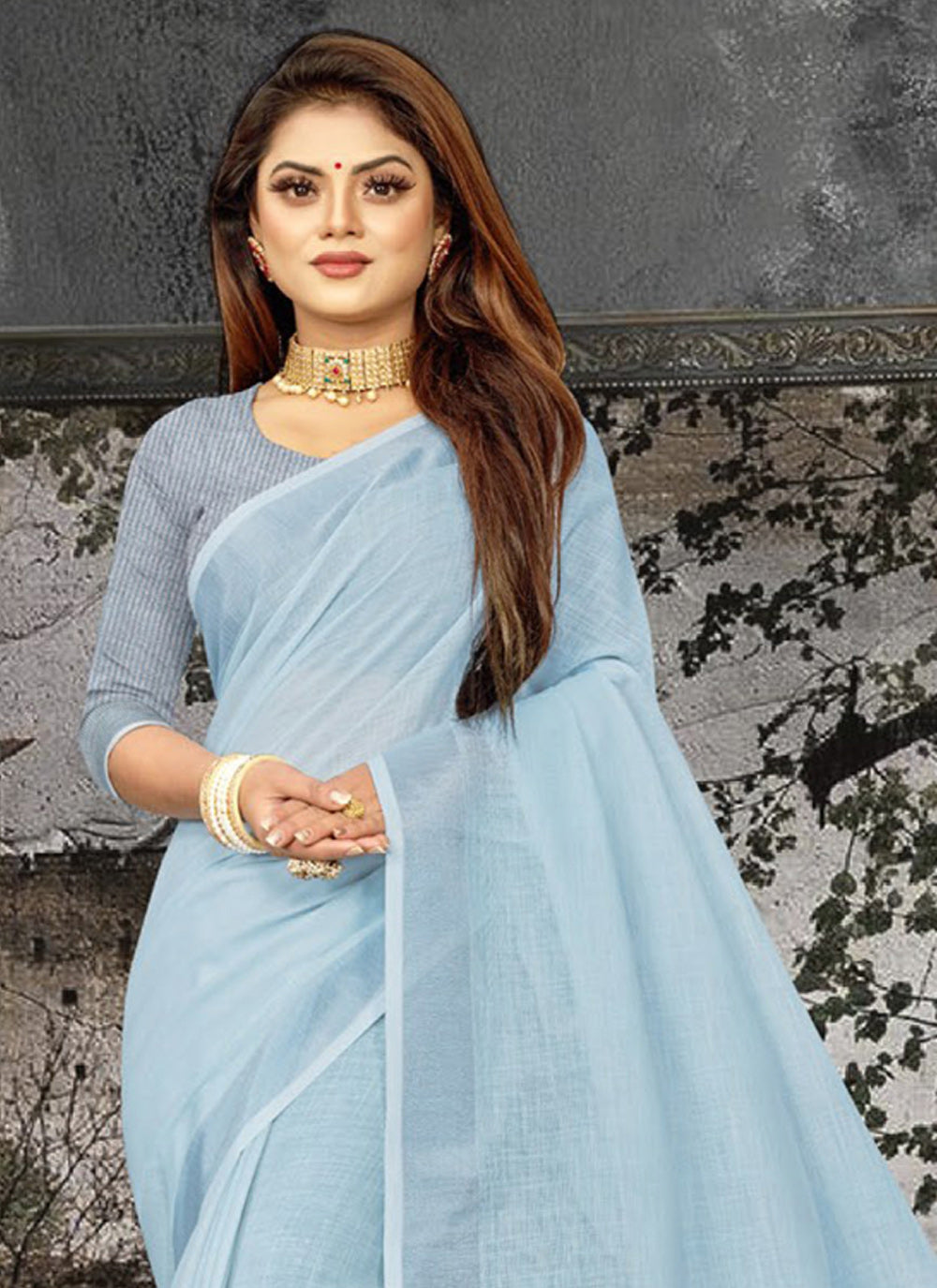 Sky Blue Woven Linen Saree with Zari Border and Tassels