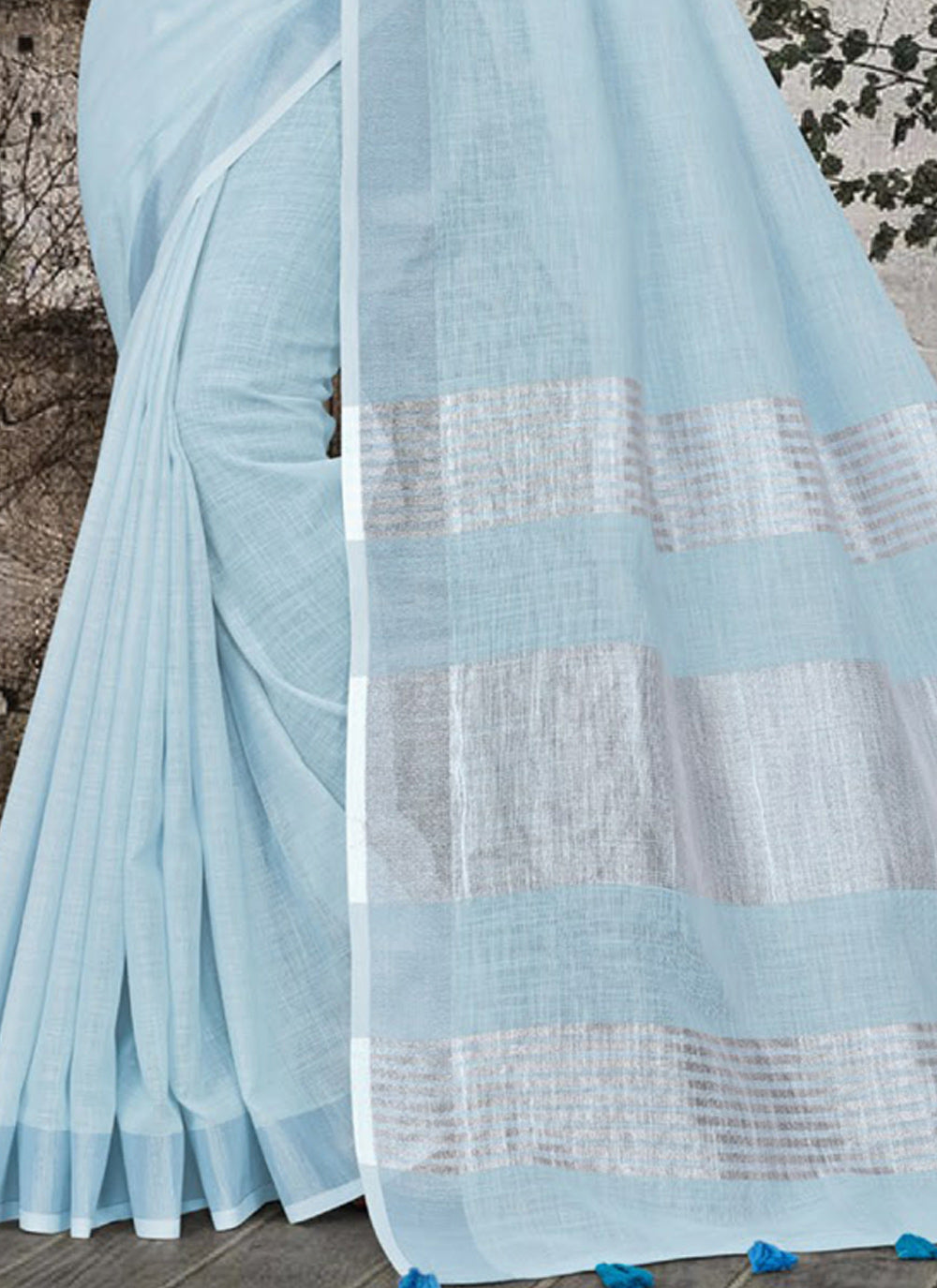 Sky Blue Woven Linen Saree with Zari Border and Tassels