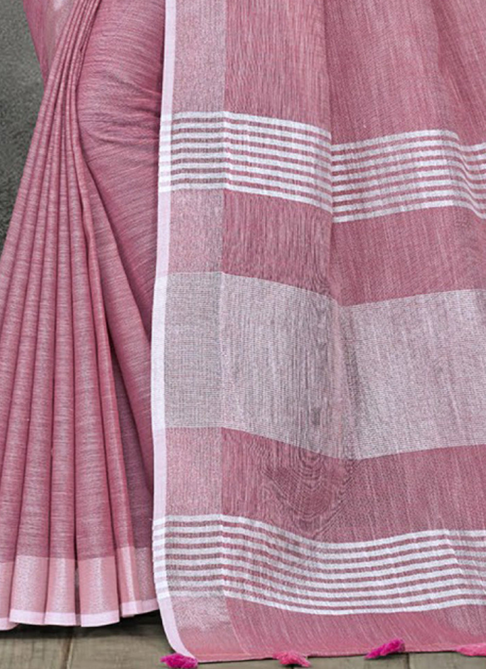 Mauve Woven Linen Saree with Contrast Zari Border and Tassels