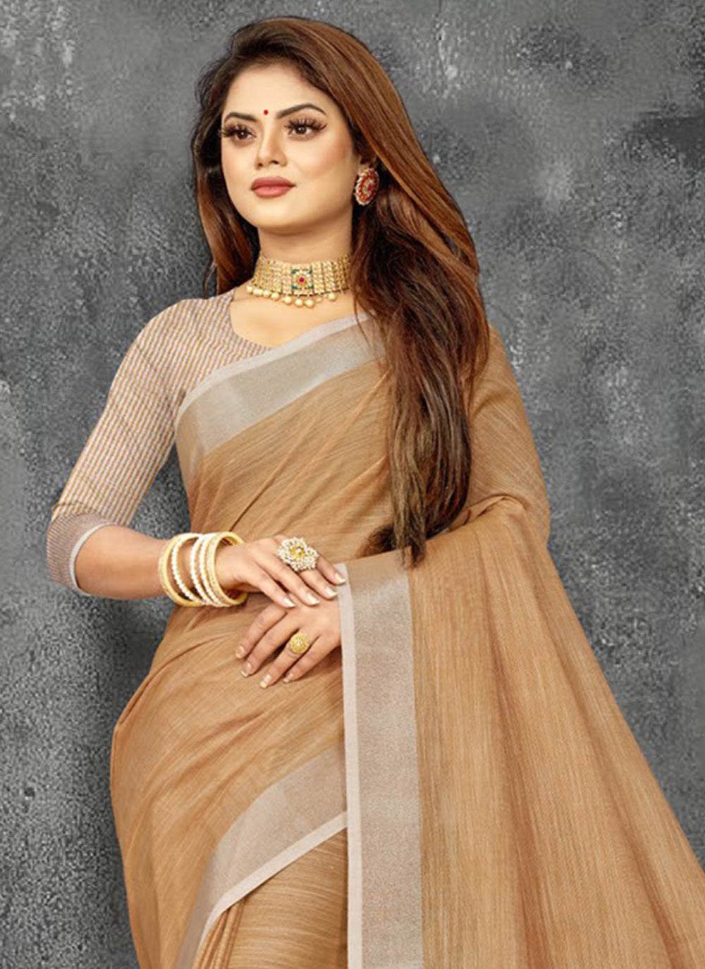 Shree Shyam Fashion Elegant Tan Woven Linen Saree with Contrast Zari Border & Tassels - Soft & Breathable Party Wear