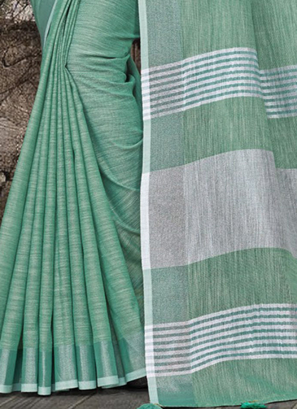 Sea Green Woven Linen Saree with Zari Border and Tassels