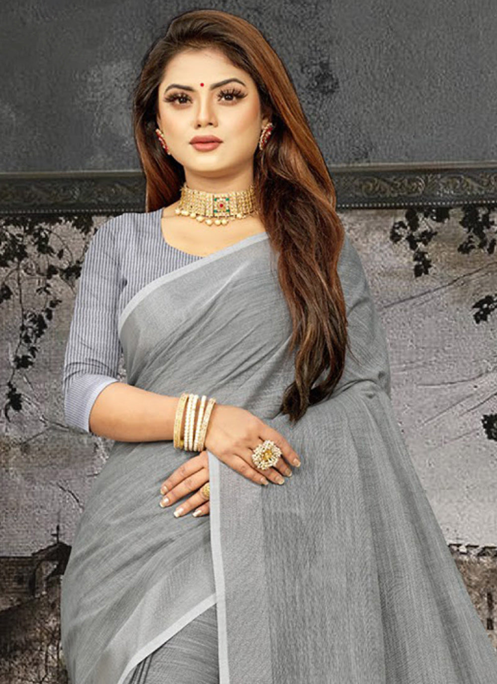 Dark Grey Linen Saree with Contrast Zari Border and Tassels