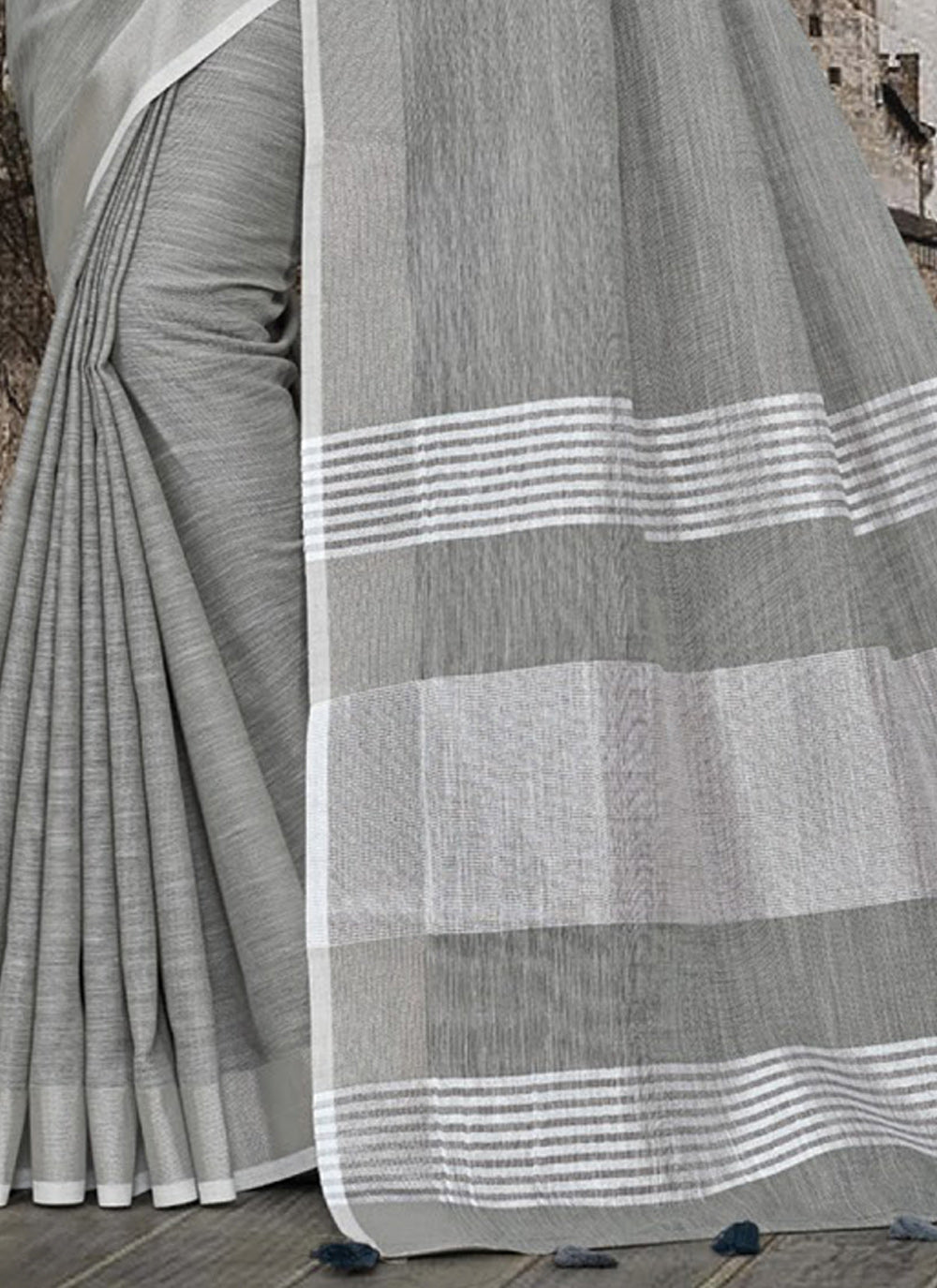 Dark Grey Linen Saree with Contrast Zari Border and Tassels