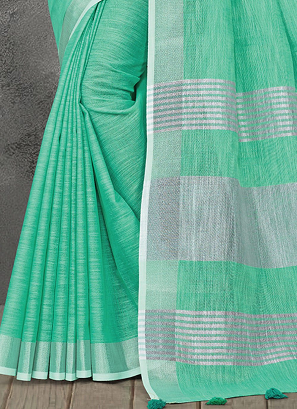 Shree Shyam Fashion Elegant Turquoise Woven Linen Saree with Contrast Zari Border & Tassels - Soft & Breathable Party Wear