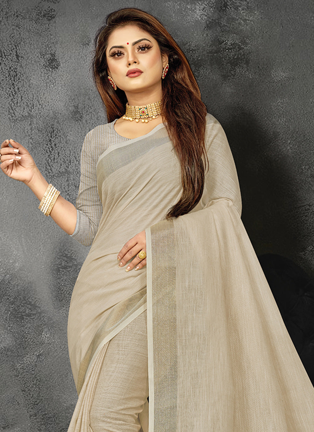 Cream Woven Linen Saree with Contrast Zari Border