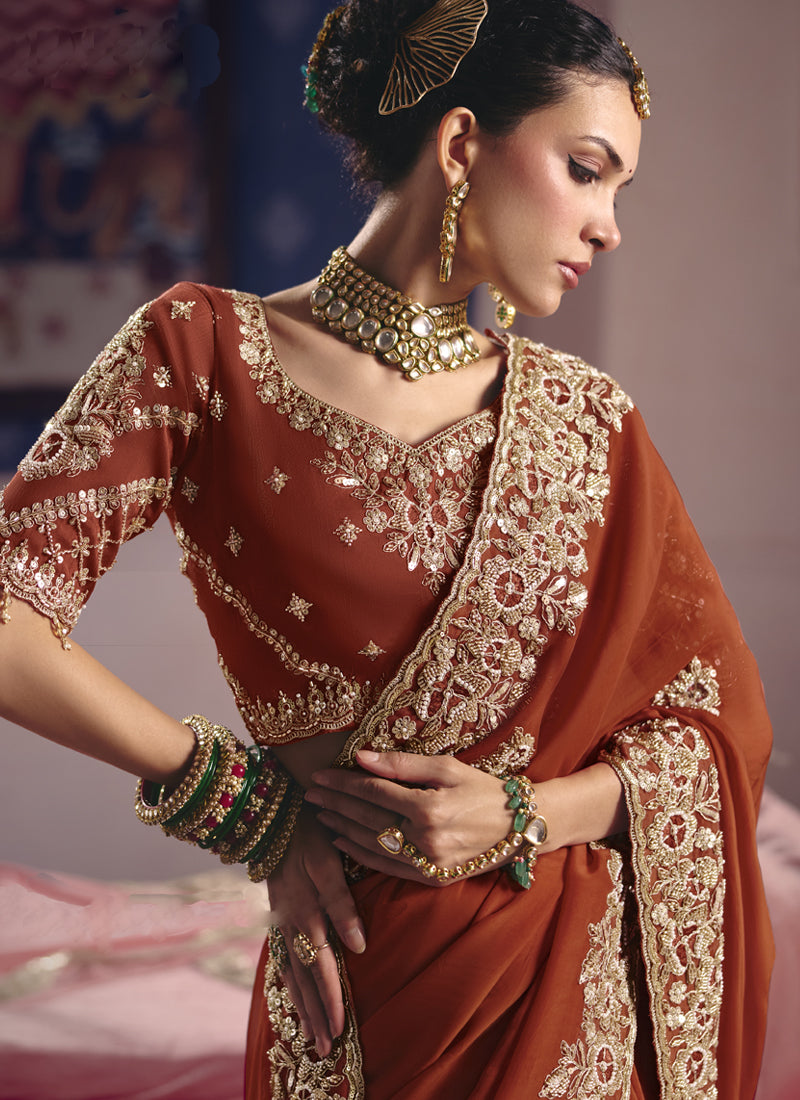Red Silk Embroidered Saree with Heavy Lace Border for Weddings