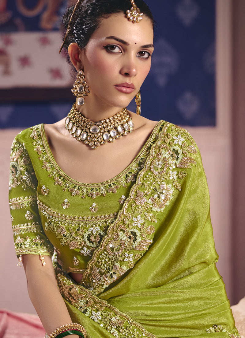 Parrot_Green Silk Embroidered Saree with Heavy Lace Border