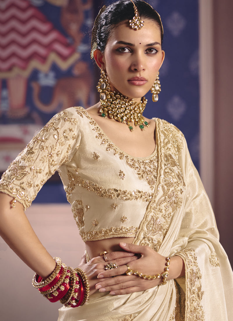 Cream Silk Embroidered Saree with Heavy Lace Border for Weddings