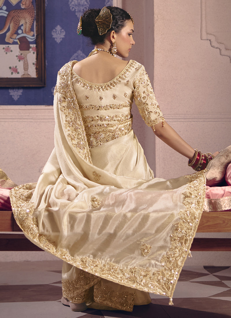 Cream Silk Embroidered Saree with Heavy Lace Border for Weddings