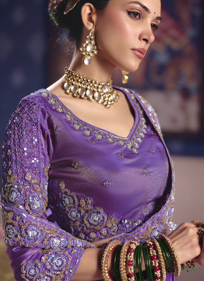 Purple Silk Embroidered Saree with Heavy Lace Border