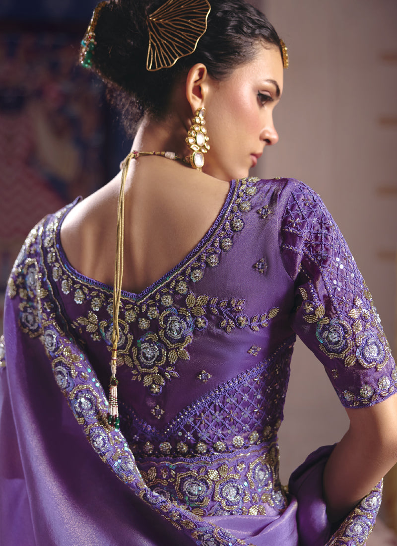 Purple Silk Embroidered Saree with Heavy Lace Border
