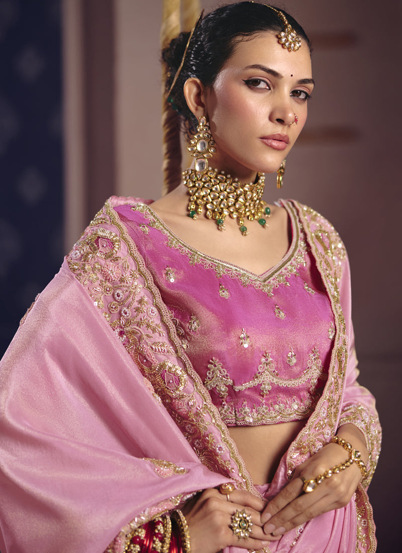 Light_Pink Silk Embroidered Saree with Heavy Lace Border
