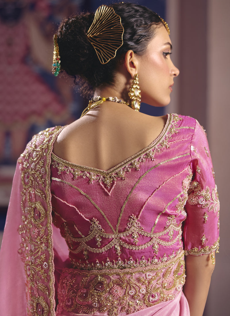 Light_Pink Silk Embroidered Saree with Heavy Lace Border