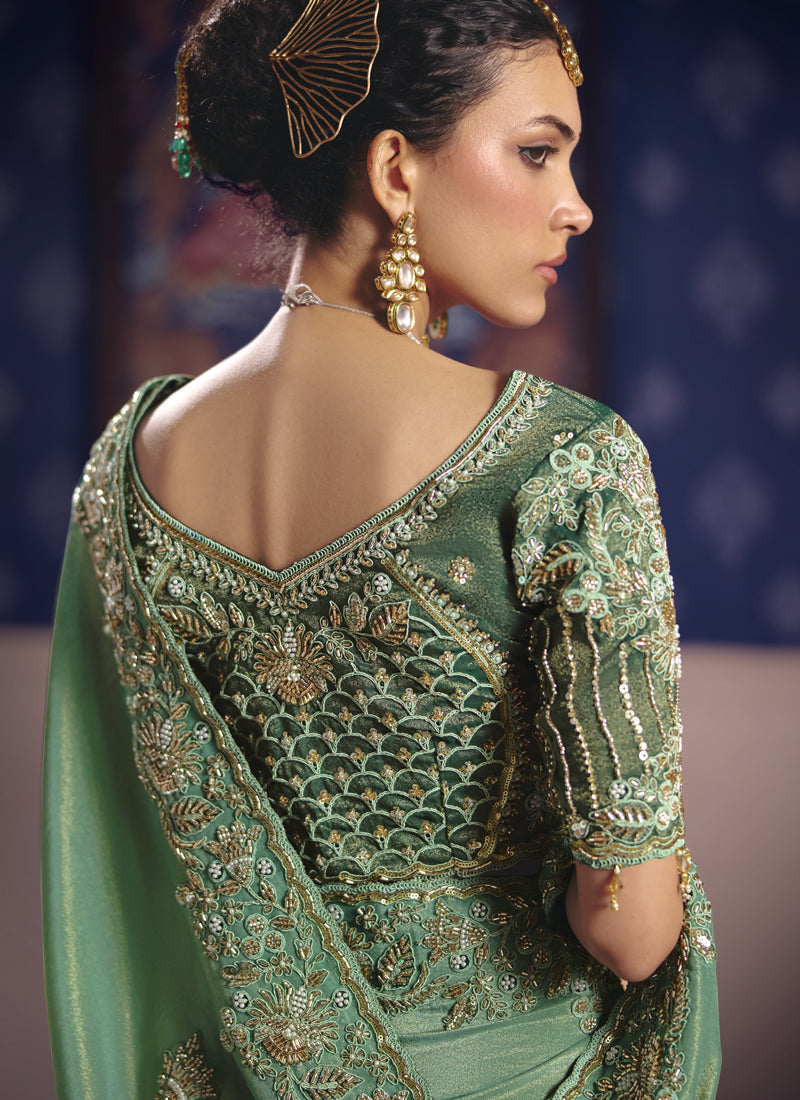 Dark Green Silk Saree with Heavy Embroidered Lace Border