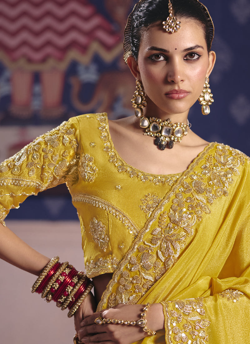 Yellow Silk Saree with Heavy Embroidered Lace Border for Wedding