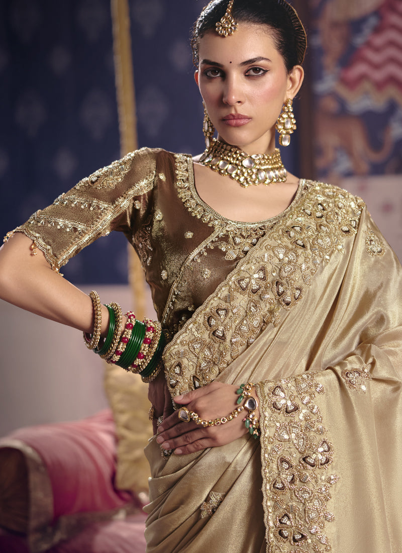 Dark Beige Silk Saree with Heavy Embroidered Lace Border