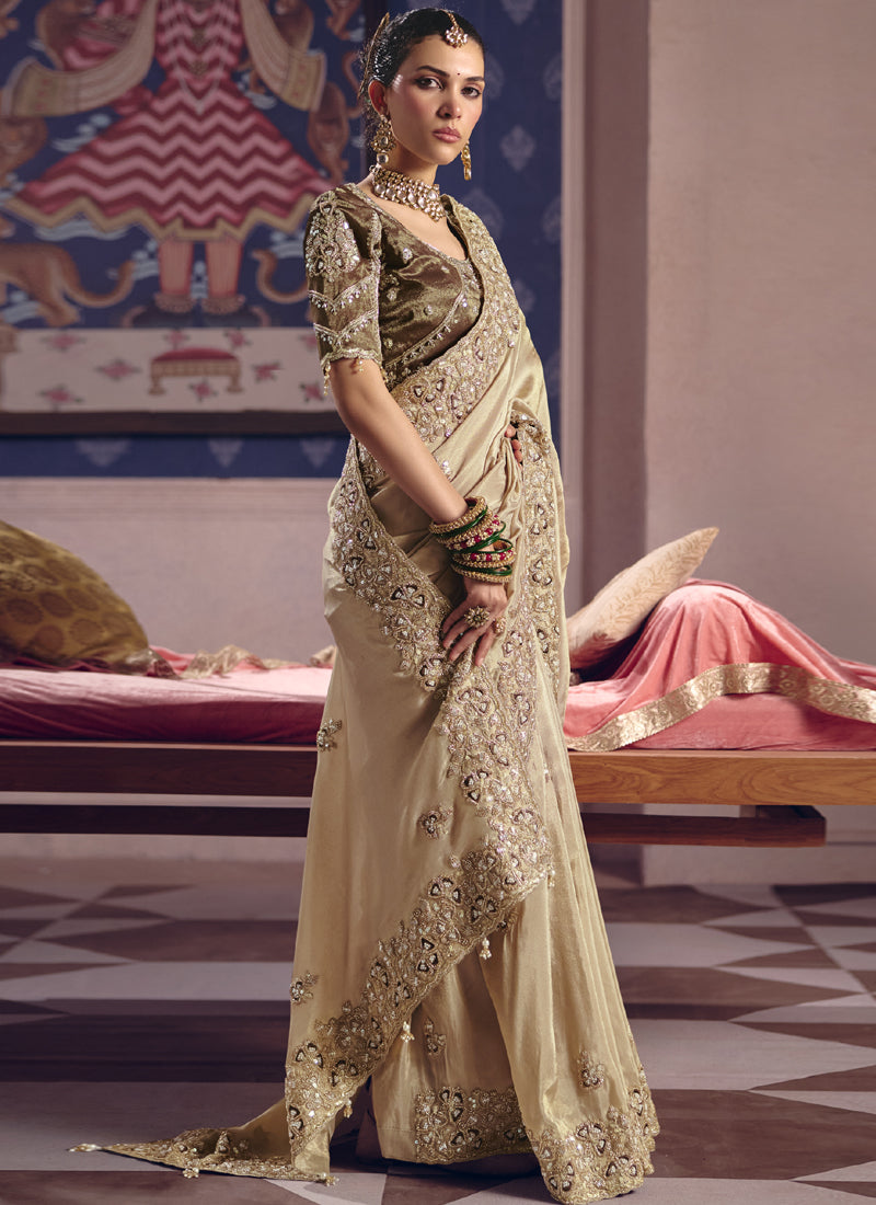 Dark Beige Silk Saree with Heavy Embroidered Lace Border
