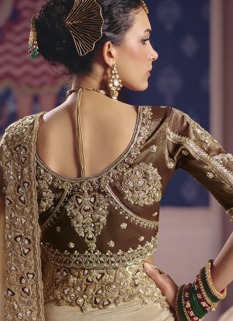 Dark Beige Silk Saree with Heavy Embroidered Lace Border