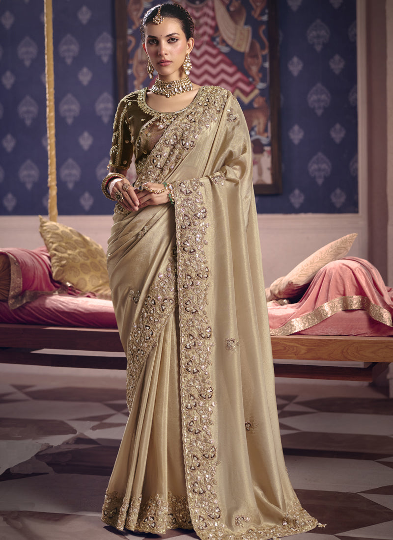 Dark Beige Silk Saree with heavy embroidered lace border for wedding wear
