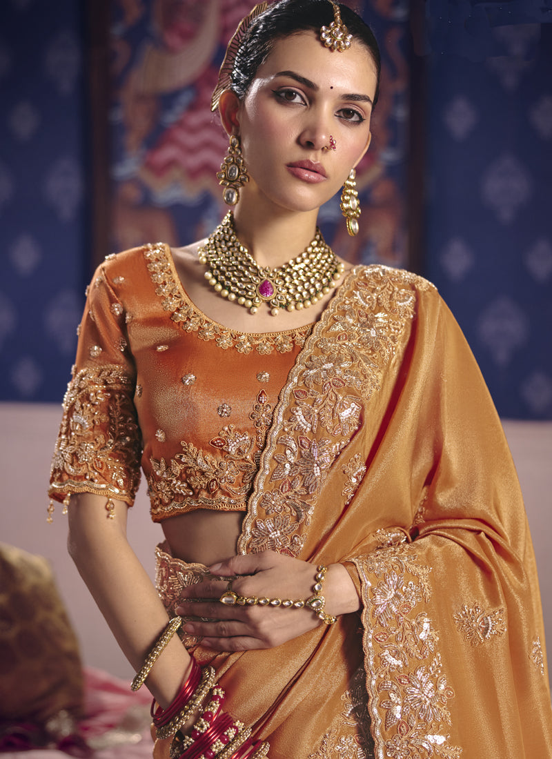 Orange Silk Embroidered Saree with Heavy Lace Border