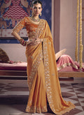 Vibrant orange silk saree with heavy lace border and embroidery