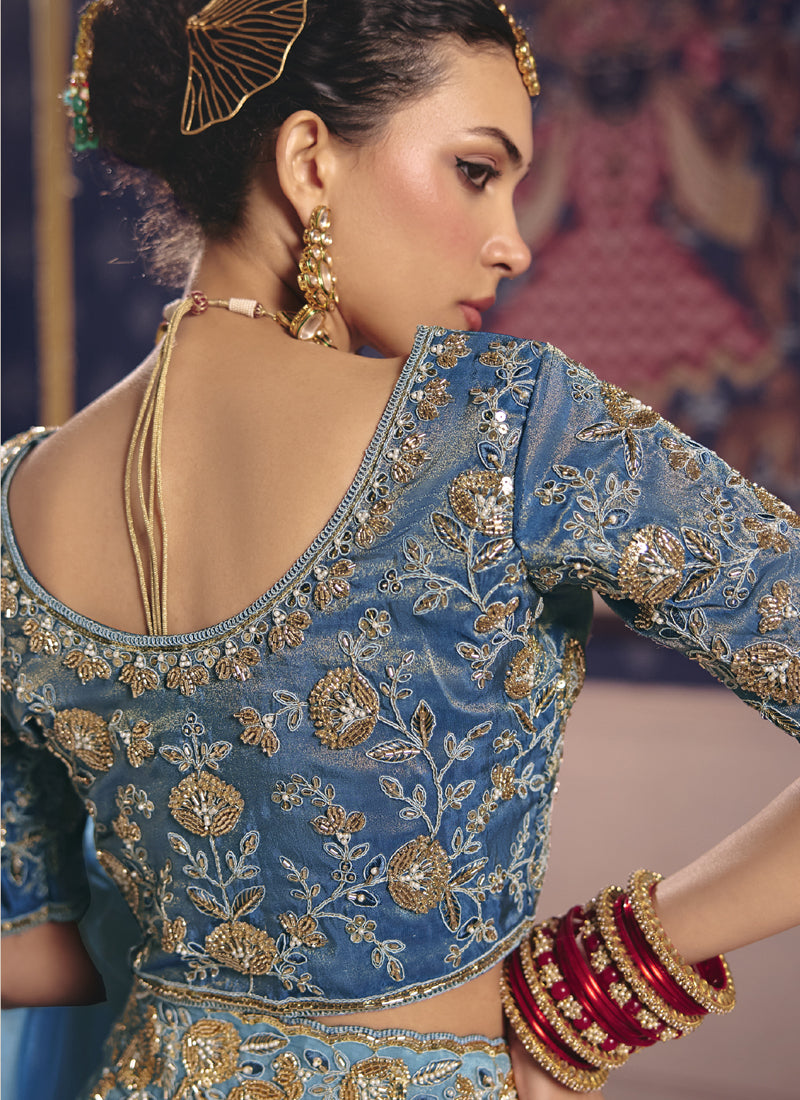 Sky_Blue Silk Embroidered Saree with Heavy Lace Border