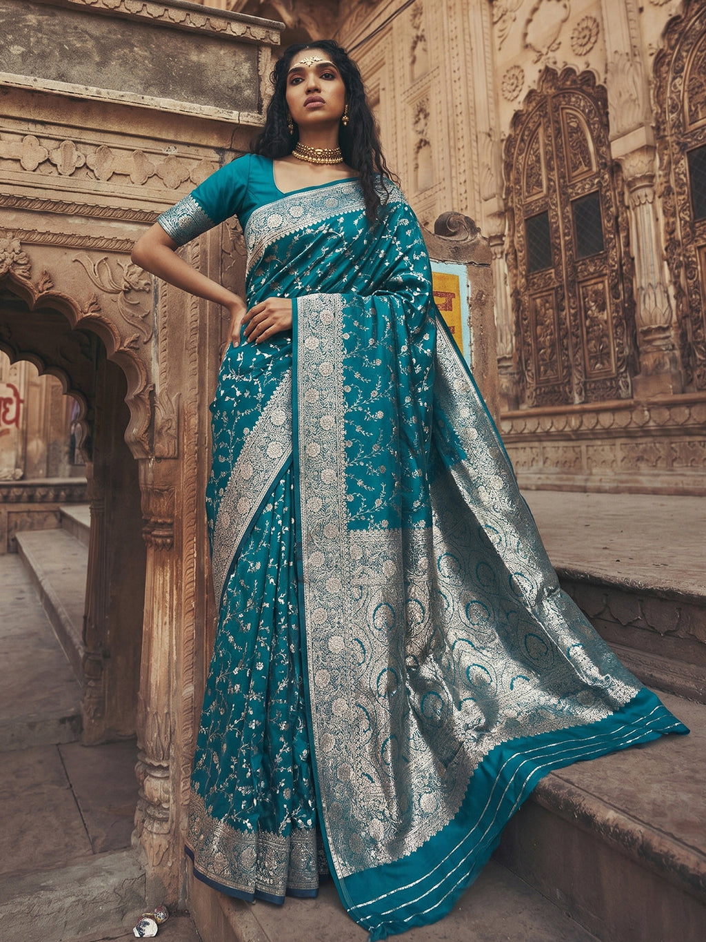 Rama Blue Art Silk fancy saree with rich color and elegant drape
