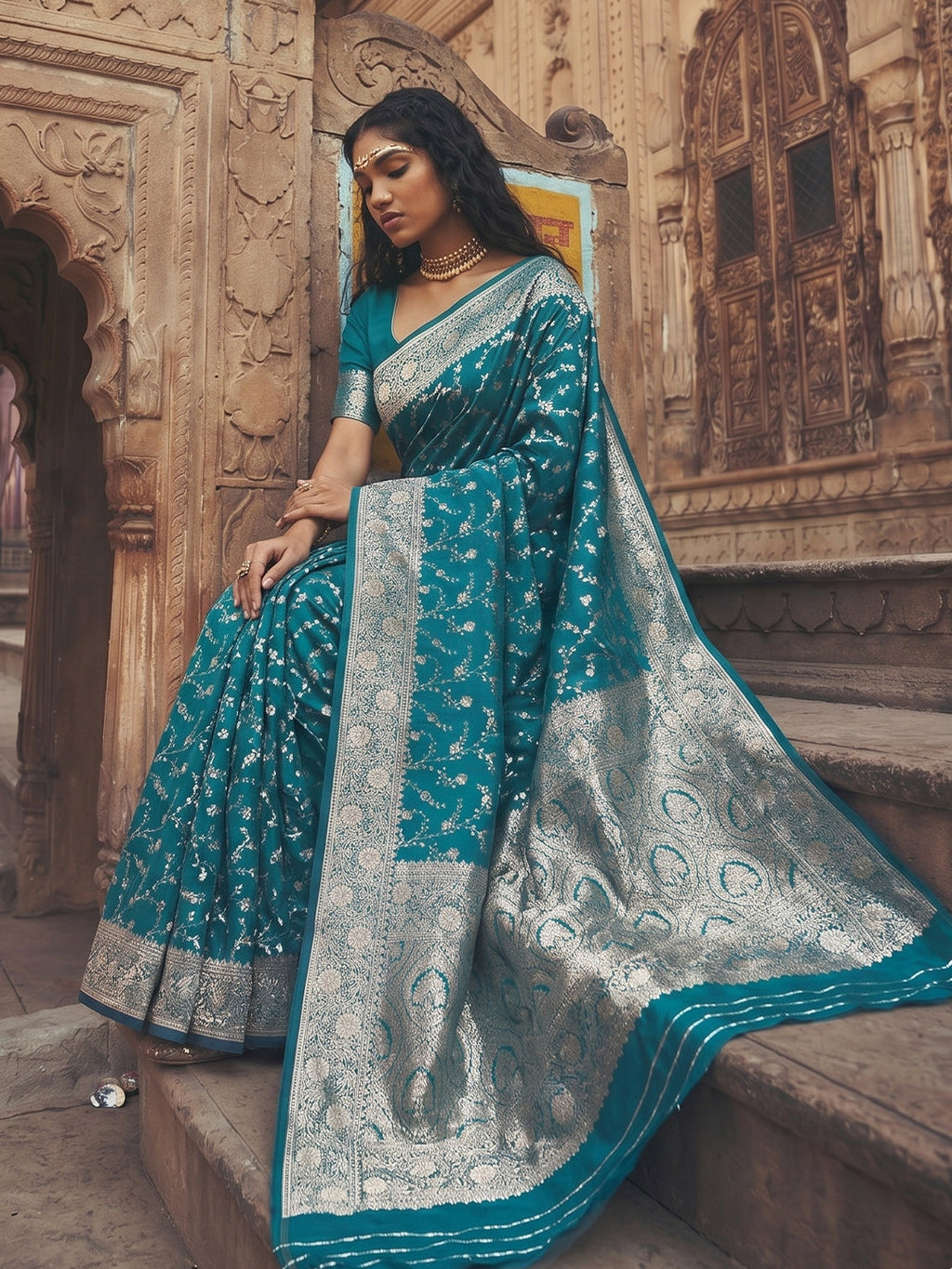 Rama Blue Art Silk Fancy Saree for Festive Occasions
