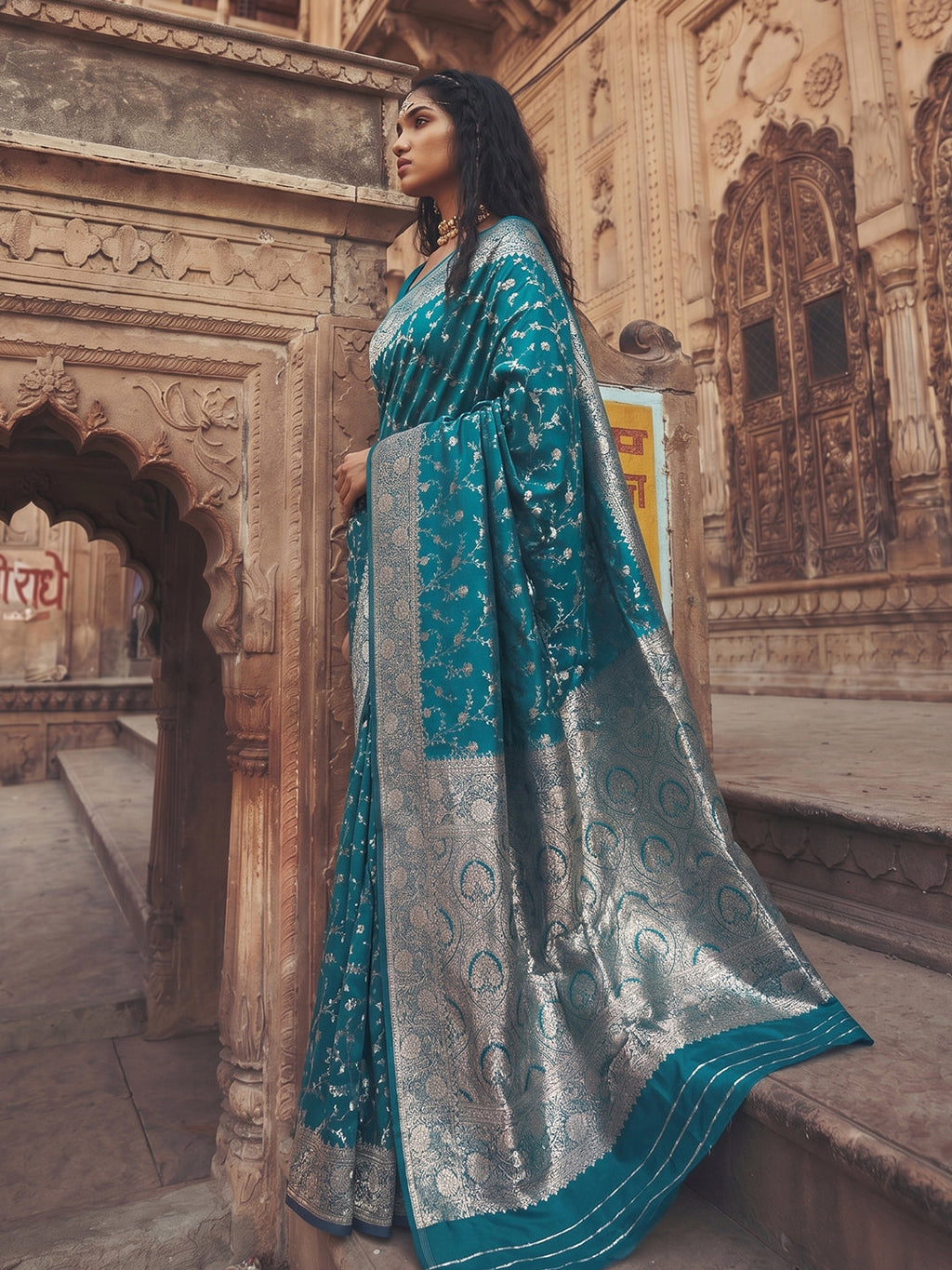 Rama Blue Art Silk Fancy Saree for Festive Occasions