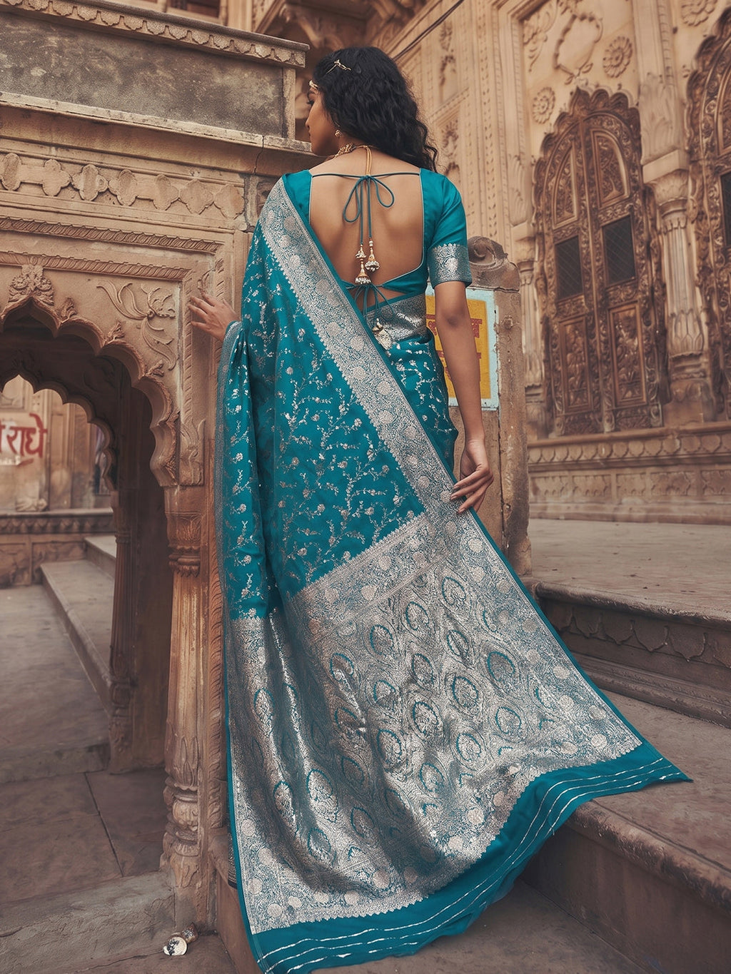 Rama Blue Art Silk Fancy Saree for Festive Occasions