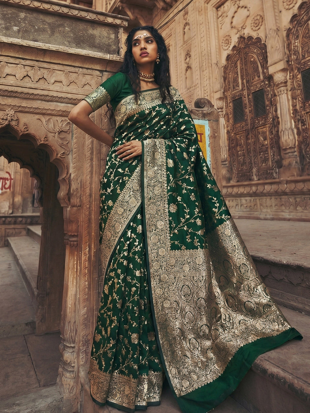 Classic green art silk fancy saree with matching blouse