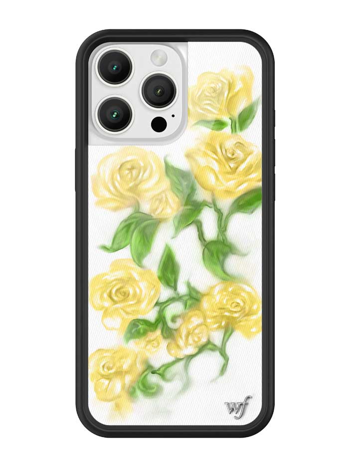 Limited edition iPhone case featuring a vibrant yellow roses floral pattern on a neutral background with black rubber bumpers.