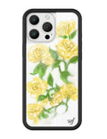 Limited edition iPhone case featuring a vibrant yellow roses floral pattern on a neutral background with black rubber bumpers.