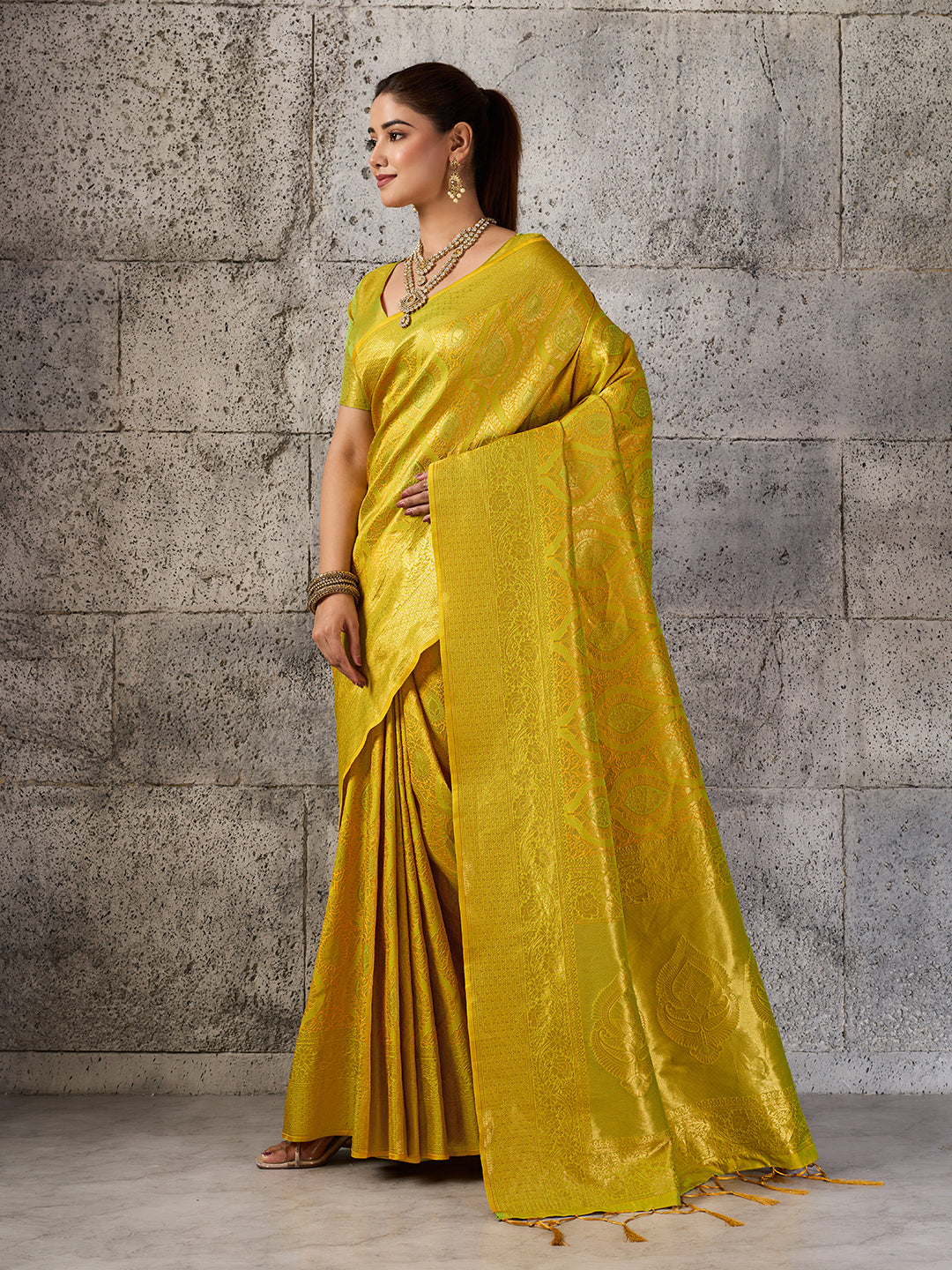 Mustard Yellow Kanjivaram Silk Blend Fancy Saree