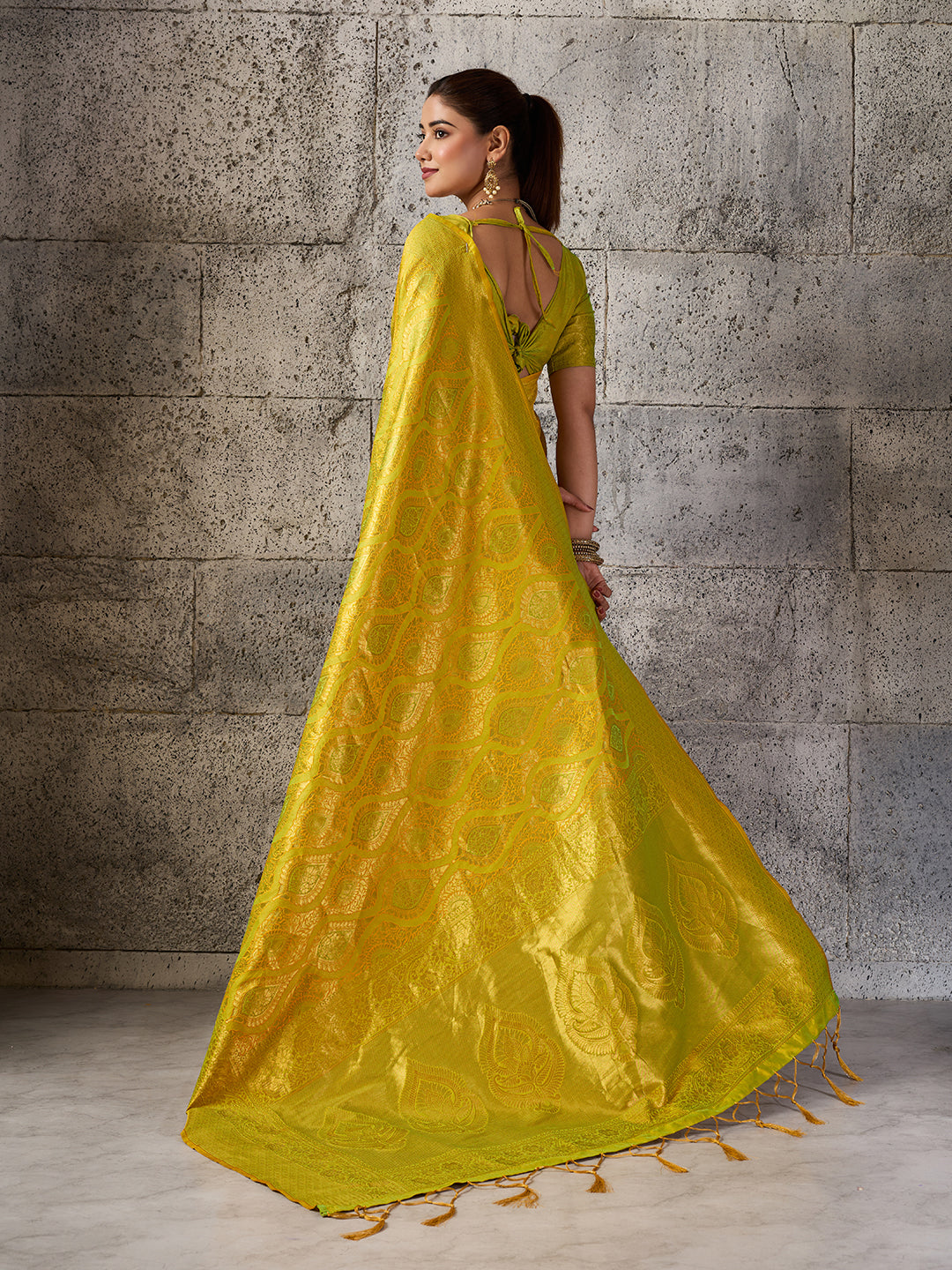 Mustard Yellow Kanjivaram Silk Blend Fancy Saree